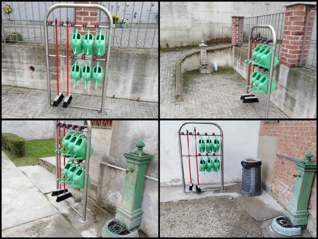 Al Cimitero di Revigliasco d'Asti scope e annaffiatoi modello carrello supermercato